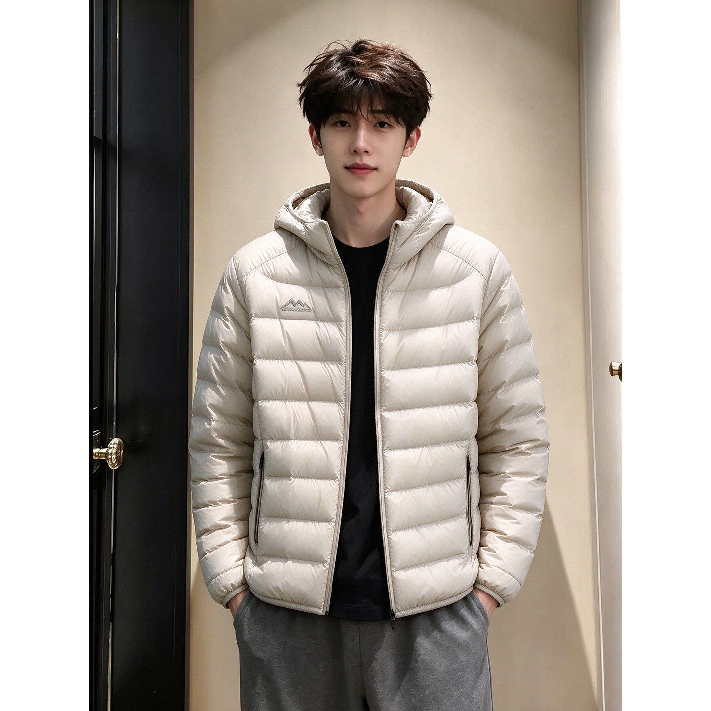 浅灰色轻薄刺绣排骨连帽棉服男款冬季加厚保暖羽绒服防寒短款外套