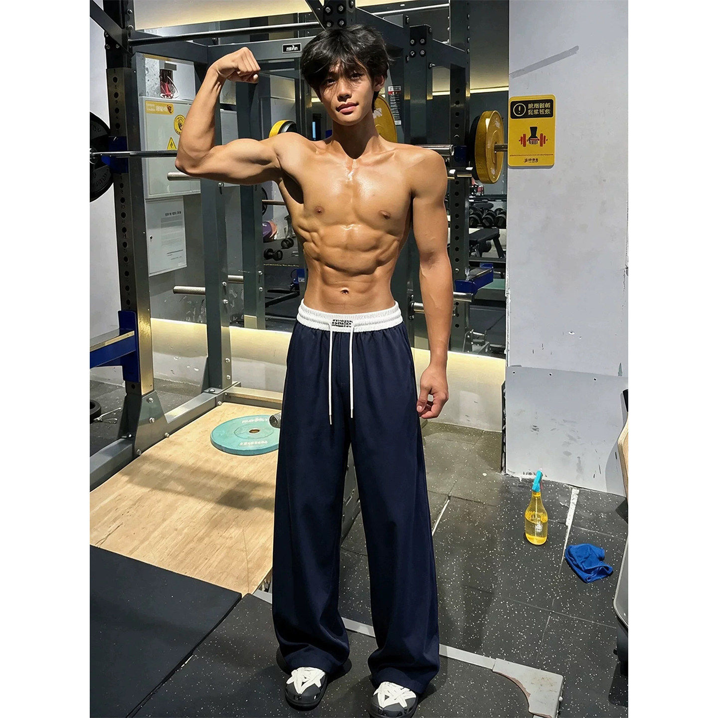 藏青色美式健身卫裤男款秋冬垂感刺绣训练运动裤子直筒休闲阔腿裤