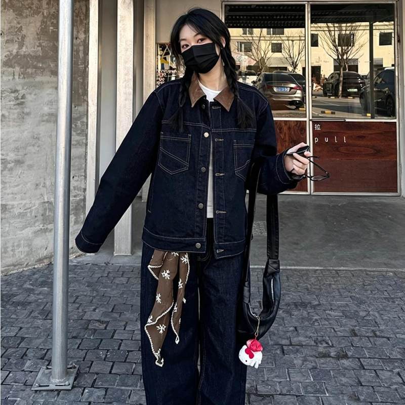 美式痞帅原牛短款男款拼接翻领工装牛仔夹克春秋撞色明线工装外套图片