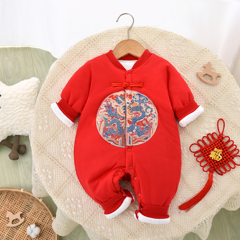 國風(fēng)棉衣嬰幼兒小寶寶連體衣夾棉加厚新生兒爬服衣服秋冬裝外出服