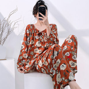 国风 新中式 春秋睡衣女人棉绸宽松可外穿夏天绵绸家居服阔腿裤 套装