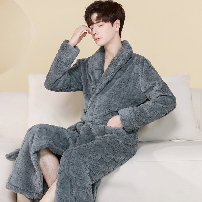 加厚睡袍男秋冬季珊瑚绒浴袍中长款法兰绒晨袍睡衣学生家居服大码