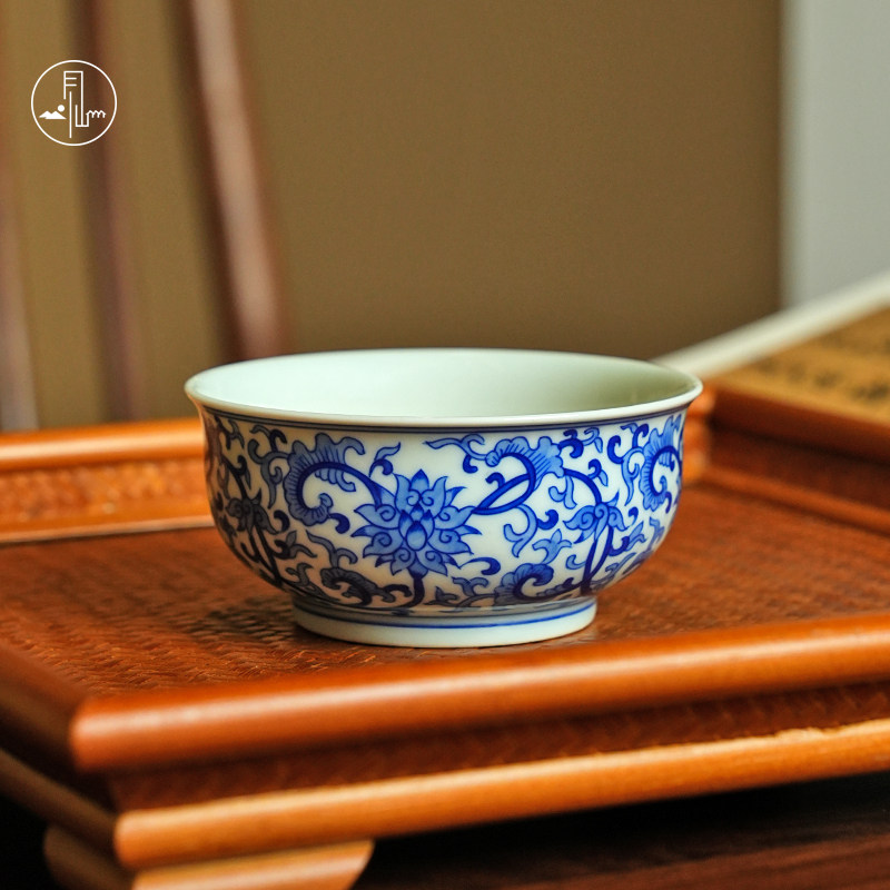 见山烧青花新缠枝莲炉式杯主人杯品茗杯单杯子手工景德镇陶瓷茶碗