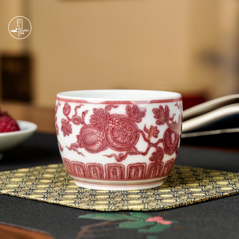 见山烧全红西瓜缸杯复古茶杯陶瓷釉里红主人杯家用大号单杯喝茶杯