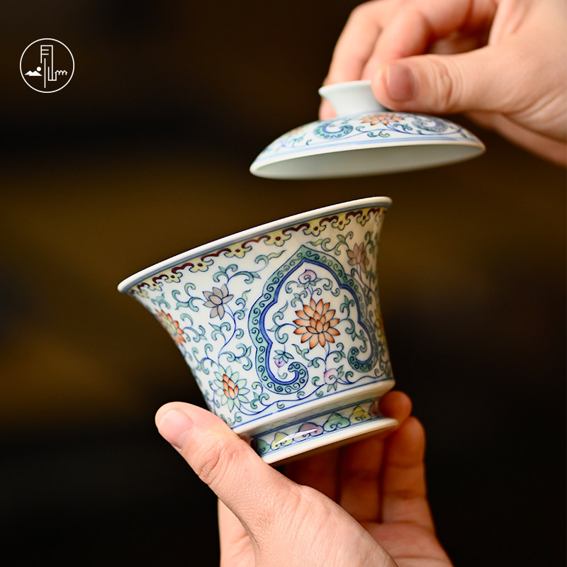 见山烧盖碗茶杯景德镇陶瓷斗彩缠枝如意开窗功夫茶二才泡茶盖碗