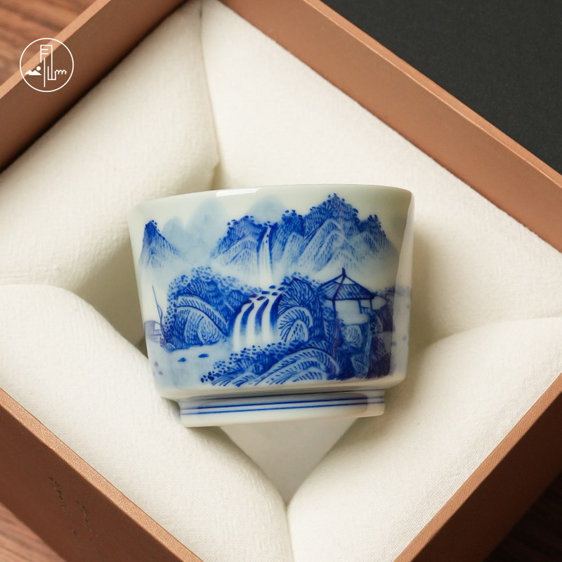 见山烧青花山水直口杯陶瓷手绘山水画个人专用单杯主人杯高档茶杯,餐饮具,茶杯,淘宝优惠券,粉丝福利购,淘宝优惠卷