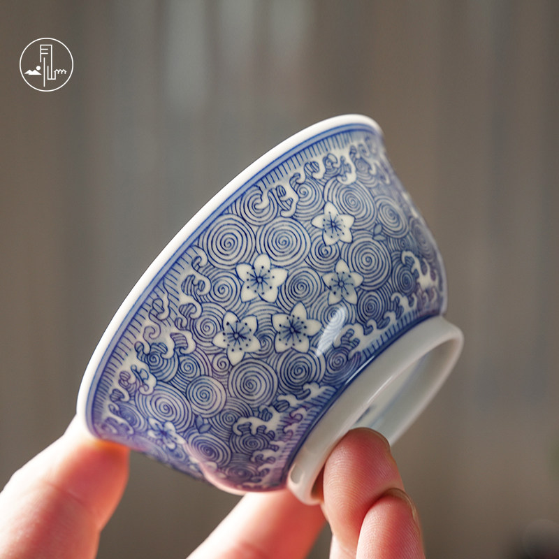 见山烧青花桃花流水杯景德镇手绘青花瓷茶杯主人杯单杯个人专用杯