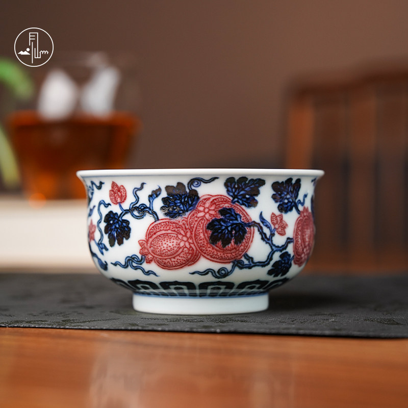 见山烧青花釉里红点工西瓜大炉式杯景德镇纯手绘主人杯品茗杯大号