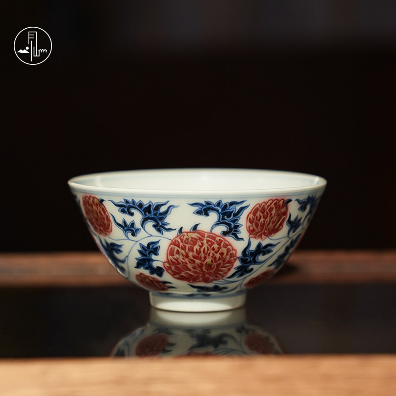 见山烧青花釉里红菊花纹杯纯手绘品茗杯中式复古单杯景德镇主人杯