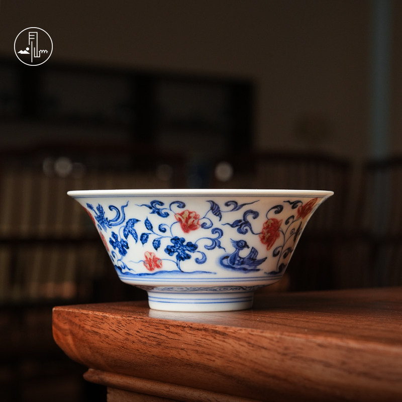 见山烧青花釉里红仿明缠枝花杯手绘品茗杯主人杯单杯景德镇茶杯