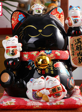 金石工坊黑色招财猫摆件开业家居客厅风水摆件创意礼品陶瓷储蓄罐