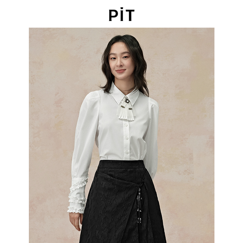 PIT复古法式纯色花瓣袖设计感衬衫女2025春新款长袖通勤气质上衣