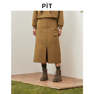 PIT简约时尚菱形半身裙秋冬新款格子印花工装直筒保暖显瘦