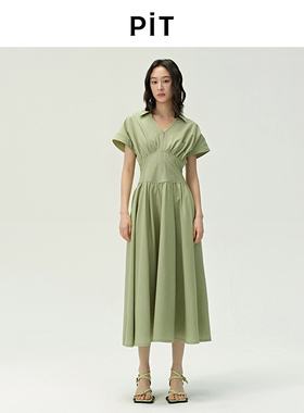 PIT绿色翻领收腰半拉链A字短袖连衣裙女2025夏薄款透气中长裙