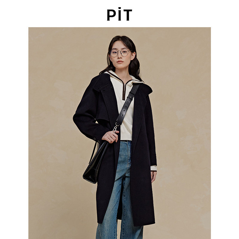 PIT100%绵羊毛呢外套女2025秋季新款中长款大衣腰带显瘦百搭