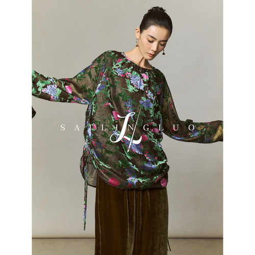 新款真丝繁华抽褶长袖小衫上衣