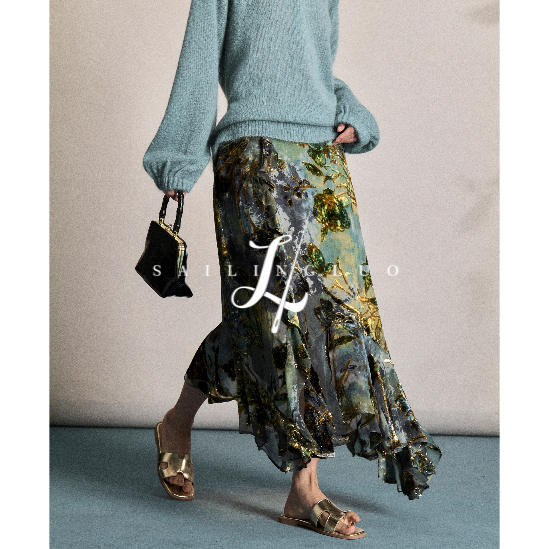 桑蚕丝扎染提花剪花丝绒半身裙