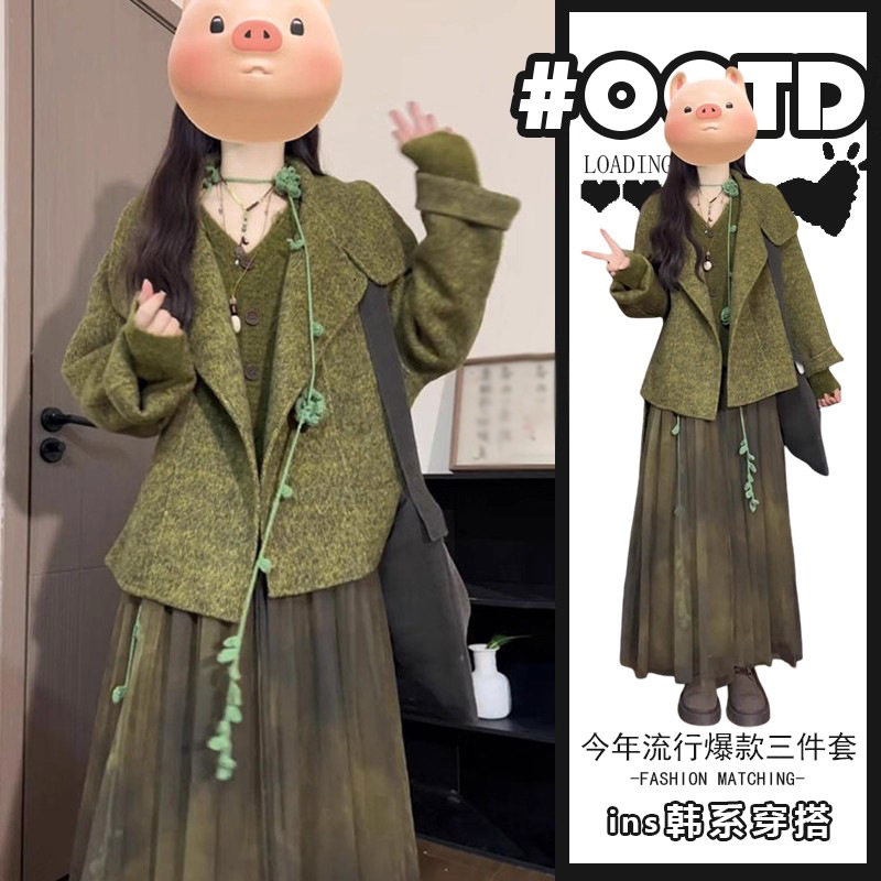 单件淑女气质穿搭女秋冬2026时尚保暖开衫外套v领打底衫半身裙潮