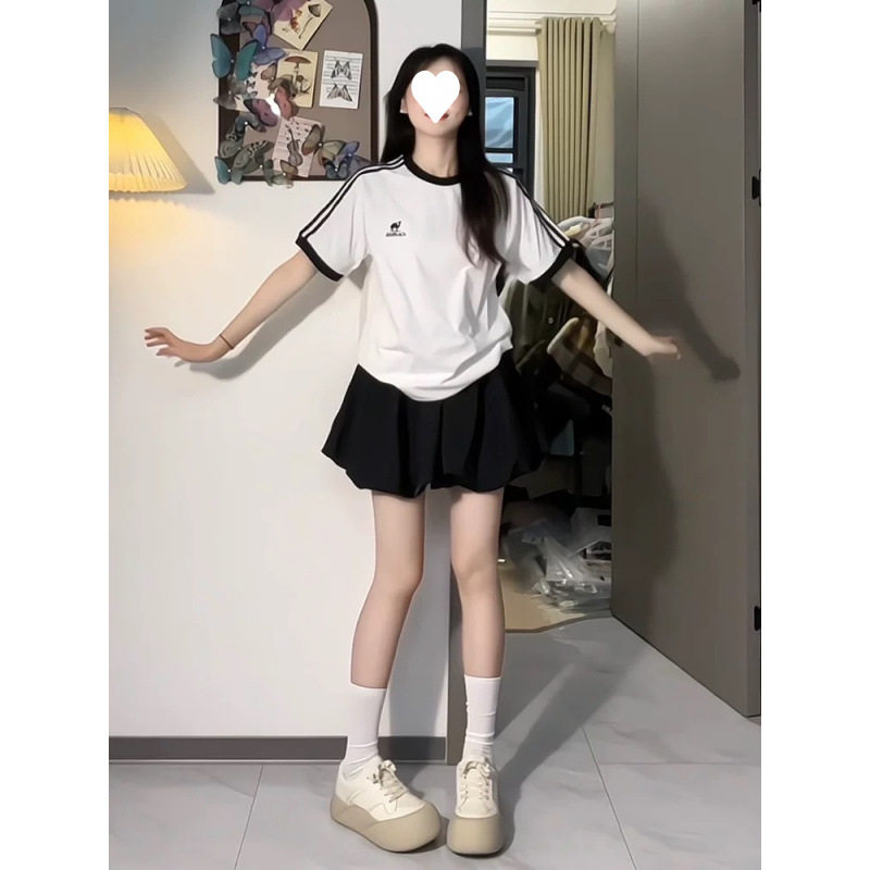 韩系少女休闲运动套装女夏季显瘦百搭条纹短袖裤裙时尚减龄两件套