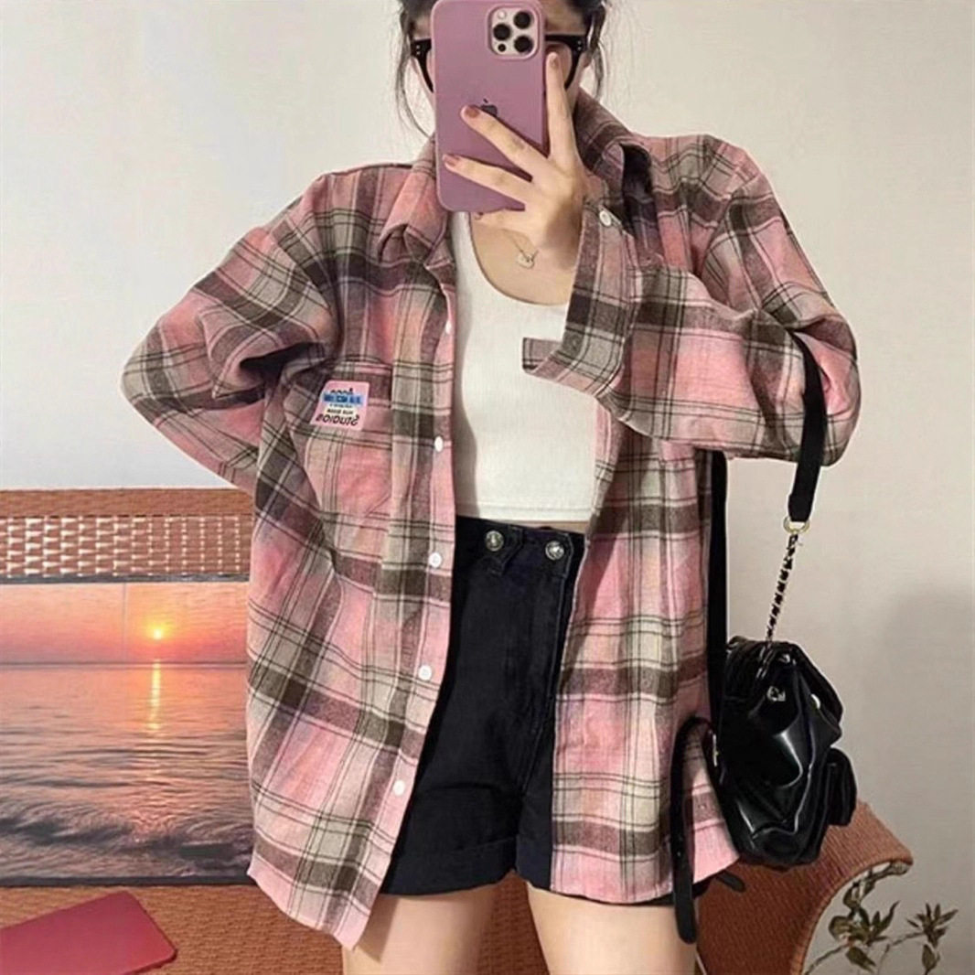 春秋季粉色防晒格子衬衫女装设计感新款港风磨毛长袖衬衣上衣外套