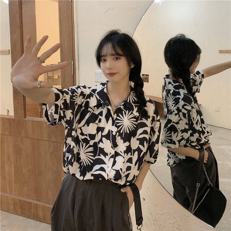 夏季薄款碎花短袖衬衫女半袖法式衬衫