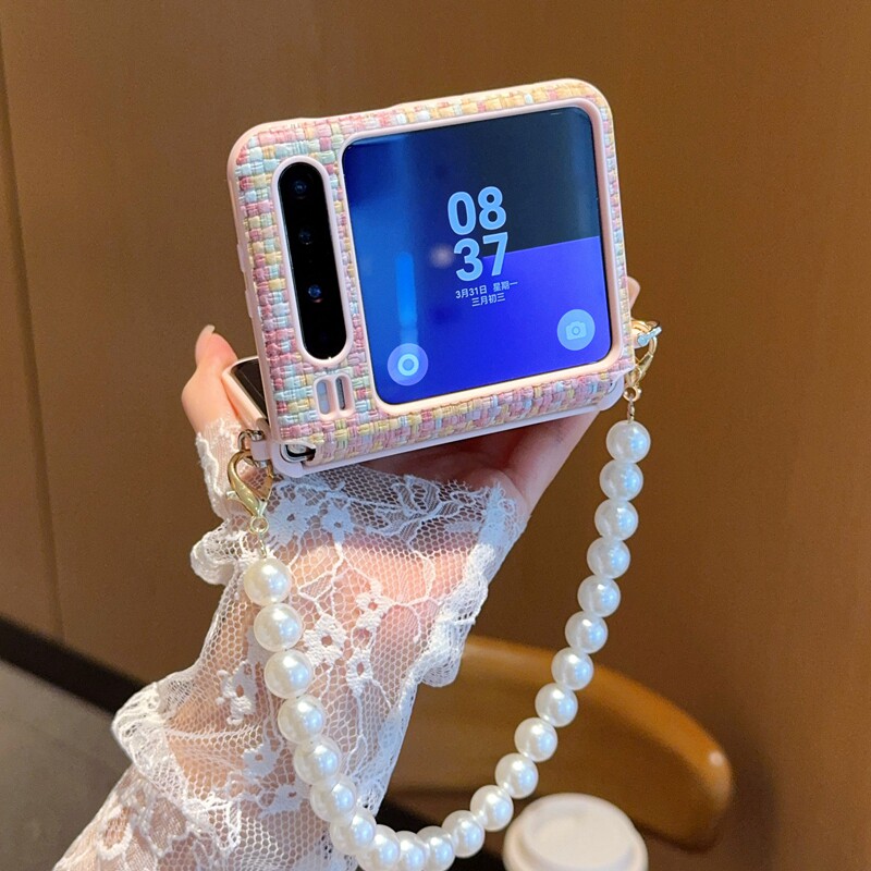 适用华为PuraX手机壳全包防摔挡奢华彩虹编织纹细珍珠手链女款华为PuraX典藏版折叠屏保护套网红包中轴
