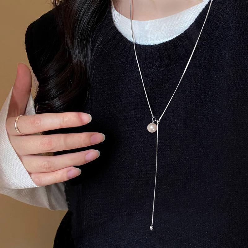 S925纯银袖拉珍珠毛衣链轻奢高级感可调节珍珠项链设计感秋冬配饰