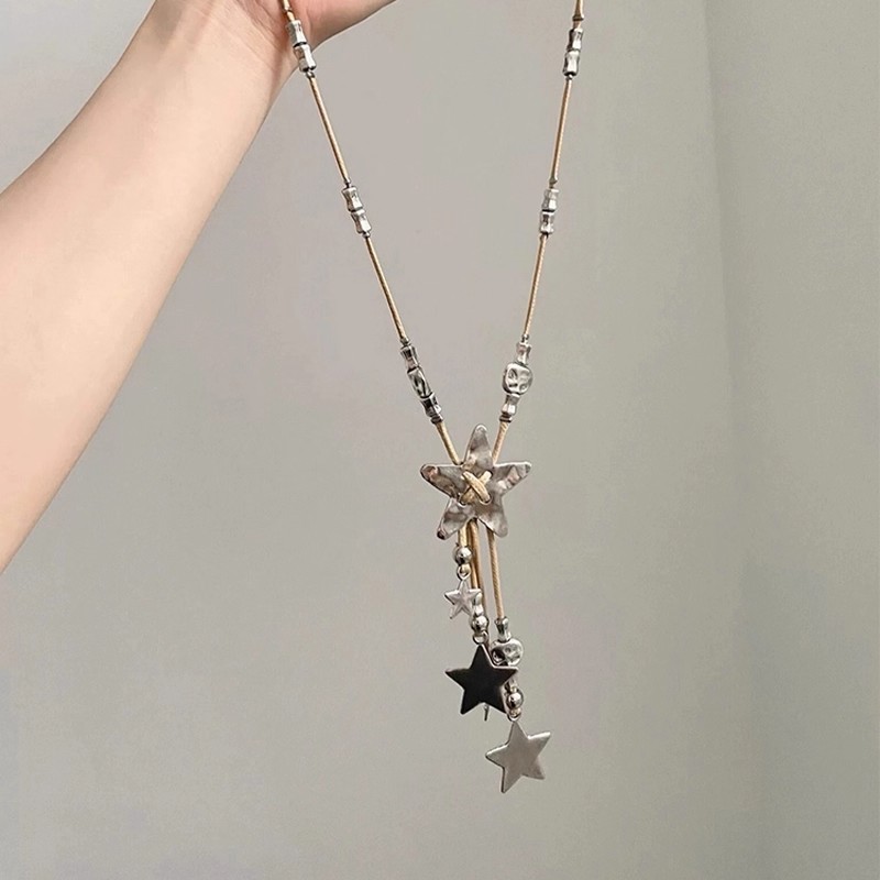 波西米亚复古流苏星星项链女纯银复古简约小众设计长款秋冬毛衣链