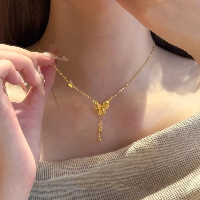 S925纯银碎碎冰蝴蝶流苏项链女2025新款爆款轻奢小众高级感锁骨链