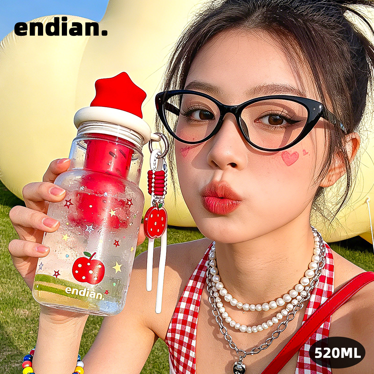 玻璃杯女生夏日高颜值苹果吸管杯茶水分离2026新款学生便携喝水杯