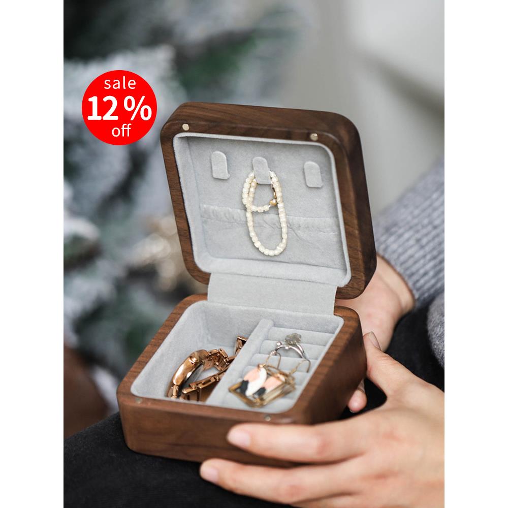 蓝波好白色/黑色首饰盒/胡桃木实木项炼耳环戒指便携式旅行珠宝收