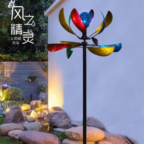 花园装饰铁艺风车旋转摆件庭院别墅院子户外创意造景七彩太阳能灯