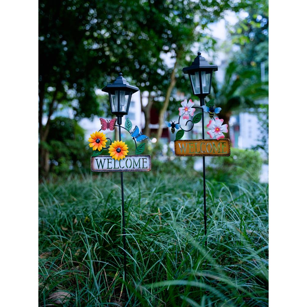 田园铁艺花园铁艺花插太阳能花园庭院灯户外氛围灯摆件欢迎牌插牌