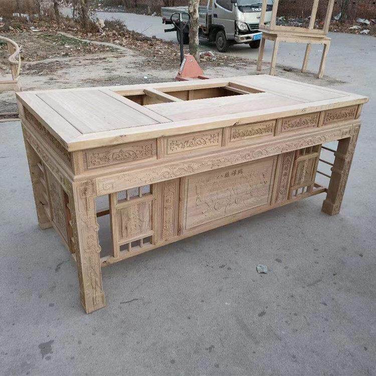 全实木中式仿古茶台白茬北榆木茶桌椅组合办公泡茶两用整装泡茶桌