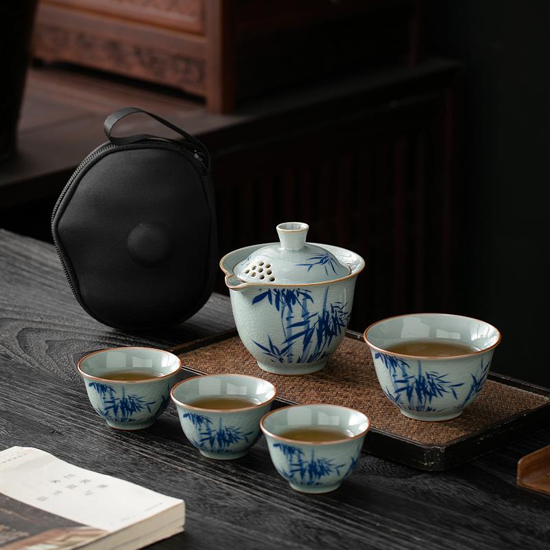 便携式旅行茶具套装手抓泡茶壶茶杯青花瓷户外简易露营汝窑快客杯