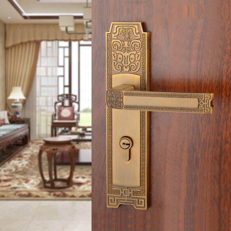 新中式房门锁卧室房门锁黄古铜家用门把手彷古磁吸静音实木门锁