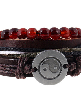 欧美风简约复古编织牛皮手链合金八卦真皮手链多层套装