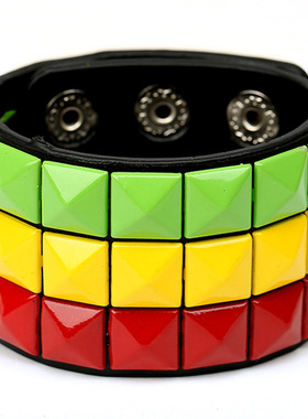 欧美新款朋克多色四方钉皮革手链个性骑行酒吧饰品男士宽皮PU手链