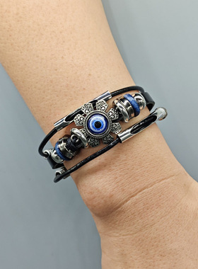 欧美民族土耳其蓝色眼睛八瓣花多层手链不锈钢对扣卡通皮革手链男