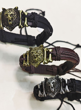 藏式民族风狼头爆款霸气个性手环网红皮革手链可调节编织手绳森系