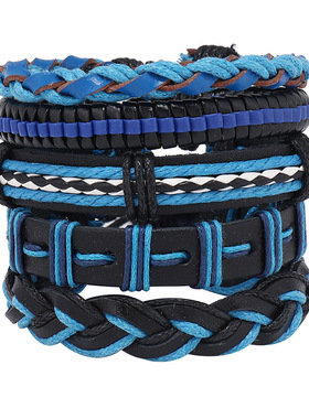 男士手工编制多层皮革手链diy5件套组合套装手环欧美热销嘻哈手绳