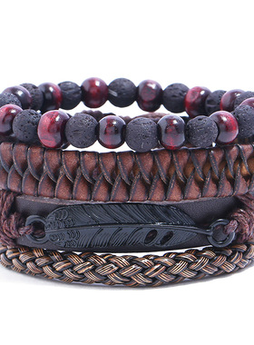 欧美跨境新品复古diy套装仿牛皮手链简约编织男士羽毛手链手绳