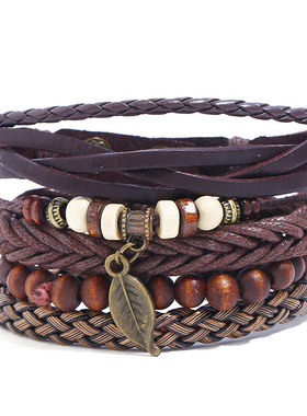 欧美简约复古套装手链编织牛皮朋克手链diy跨境男士皮革手链手饰