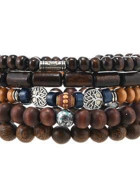 欧美复古简约5件套多层手链新款diy组合套装鸡翅木幸运树手串手镯