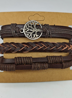 生命树手链三件套装可调节个性小众手环PU学生多层小众欧美跨境