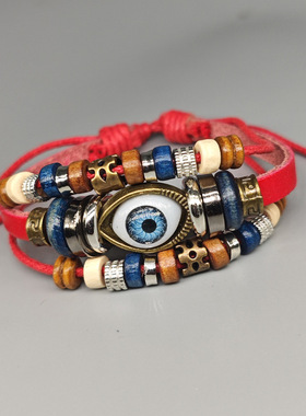 跨境国潮手环网红编织串珠眼睛皮革手链情侣欧美多层抽拉可调