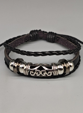 网红电商手绳多层串珠情侣手链个性编织学生简约黑色可调皮革手环