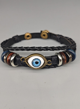 编织蓝色眼睛皮革手链小众设计韩版学生简约复古个性手环网红爆款