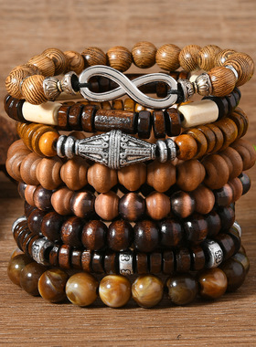 8件套男女同款手工弹力线复古木珠手链 简约休闲组合手饰套装