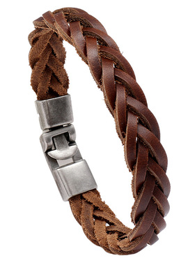 跨境新款配饰棕色编织对扣牛皮手链简约个性设计感手环欧美男饰品